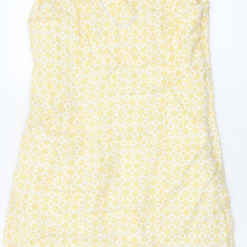Laura Ashley Women Yellow Floral Linen UK 8 Sleeveless Shift Midi Dress