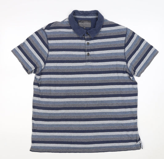 Back view of Rocha John Rocha Men’s Blue Striped Cotton Polo Shirt L Short Sleeve