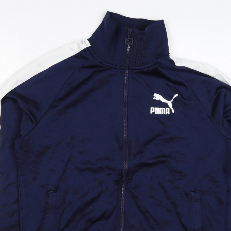 Puma Men's Blue M Full Zip Track Sweatshirt White Stripe Pockets