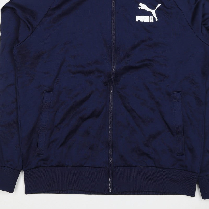 Puma Men's Blue M Full Zip Track Sweatshirt White Stripe Pockets