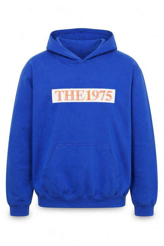 Front view of The 1975 Men’s Blue L Pullover Hoodie Music Tour Graphic Pocket