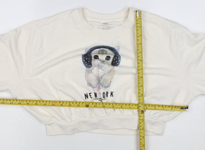 Marks and Spencer Girls Ivory Cat Graphic Rhinestone Pullover Sweatshirt 11-12