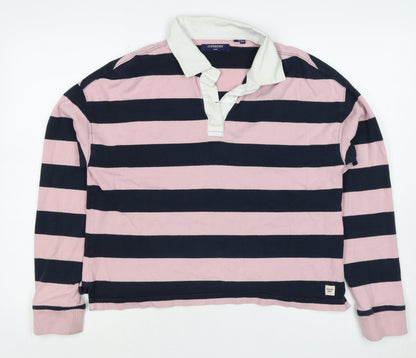 Superdry Women Pink Navy Stripe Cotton Collared Henley Sweatshirt UK 12