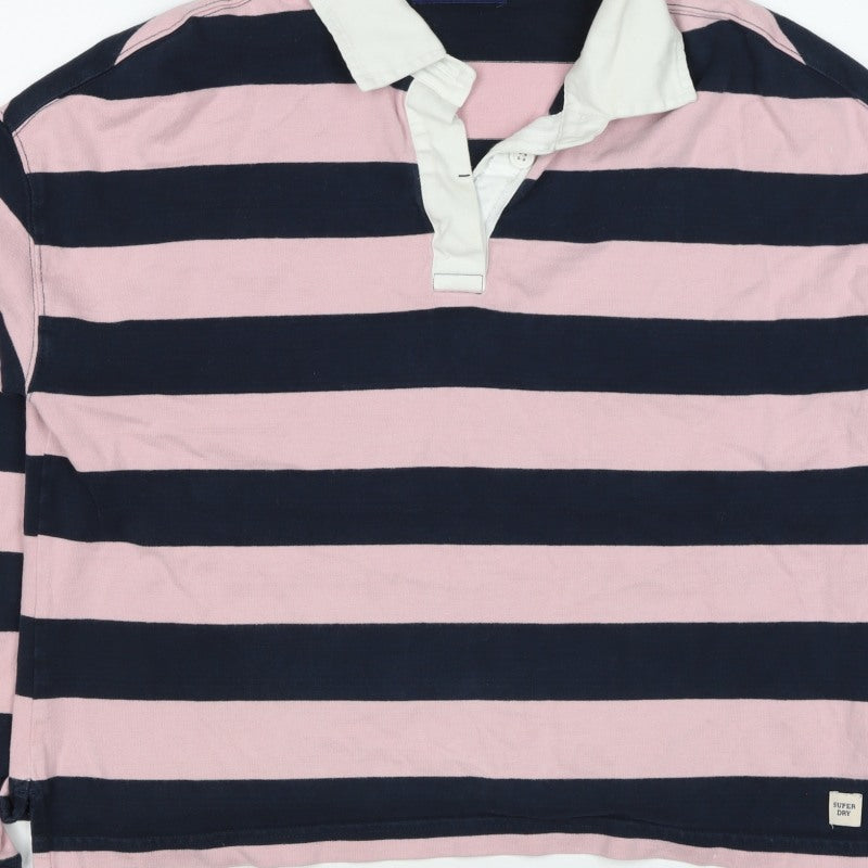 Superdry Women Pink Navy Stripe Cotton Collared Henley Sweatshirt UK 12