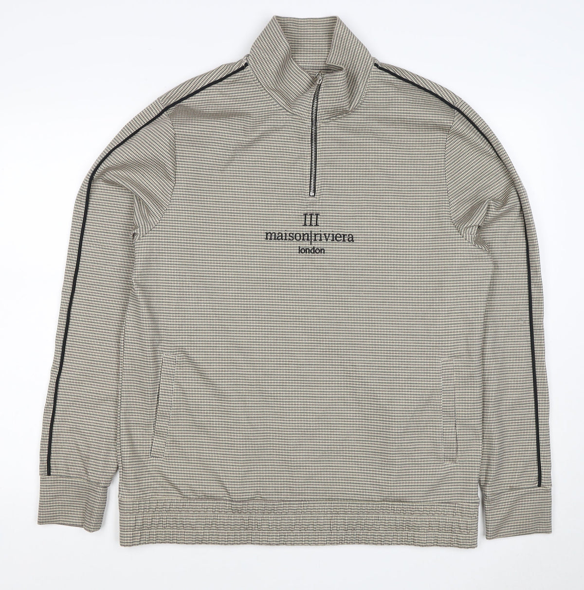 Maison Riviera Men's Beige L 1/4 Zip Check Sweatshirt Pockets