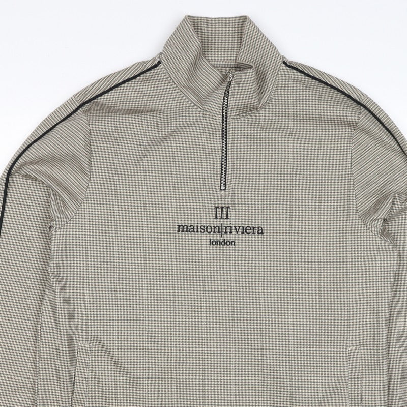 Maison Riviera Men's Beige L 1/4 Zip Check Sweatshirt Pockets