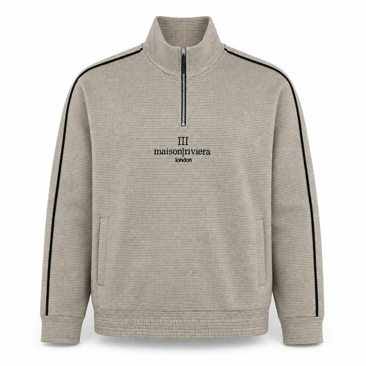 Front view of Maison Riviera Men's Beige L 1/4 Zip Check Sweatshirt Pockets