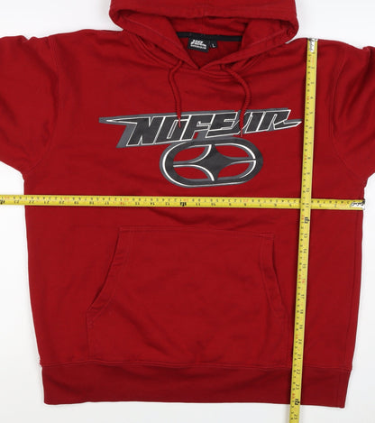 Brand and care label for No Fear Men's Red L Pullover Hoodie Graphic Logo Pocket