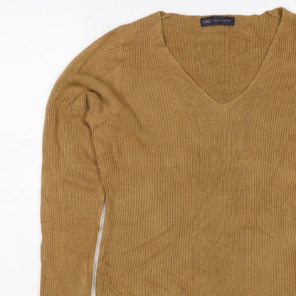 Marks and Spencer Women Brown Size 12 Cashmere Ribbed V-Neck Jumper