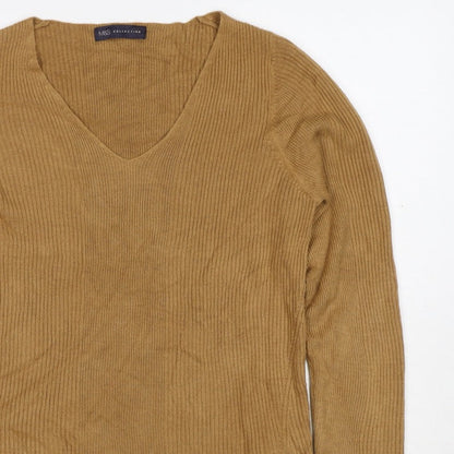 Marks and Spencer Women Brown Size 12 Cashmere Ribbed V-Neck Jumper