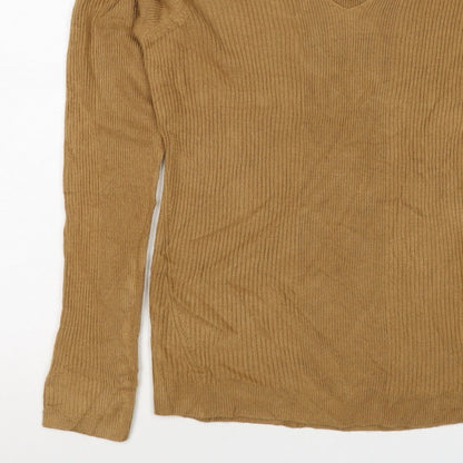 Marks and Spencer Women Brown Size 12 Cashmere Ribbed V-Neck Jumper