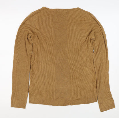 Marks and Spencer Women Brown Size 12 Cashmere Ribbed V-Neck Jumper
