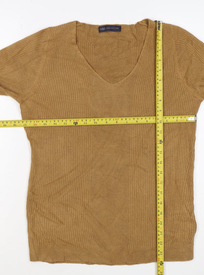 Marks and Spencer Women Brown Size 12 Cashmere Ribbed V-Neck Jumper