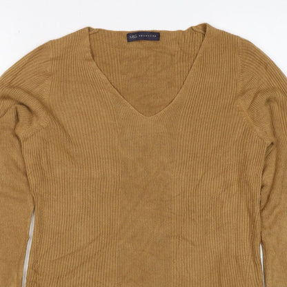 Marks and Spencer Women Brown Size 12 Cashmere Ribbed V-Neck Jumper