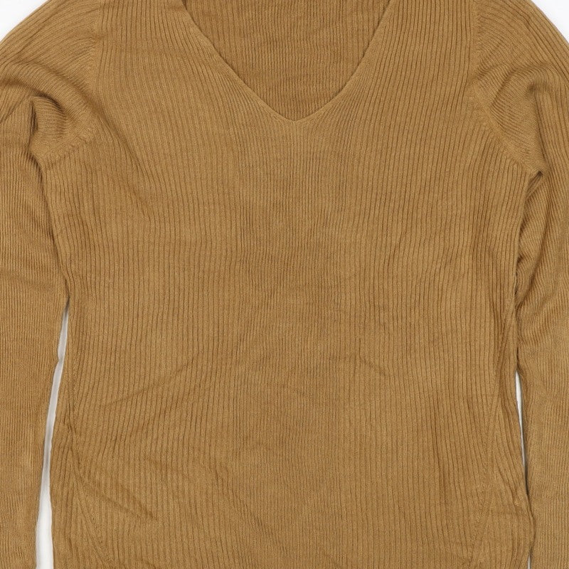 Marks and Spencer Women Brown Size 12 Cashmere Ribbed V-Neck Jumper