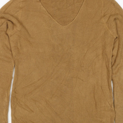 Marks and Spencer Women Brown Size 12 Cashmere Ribbed V-Neck Jumper