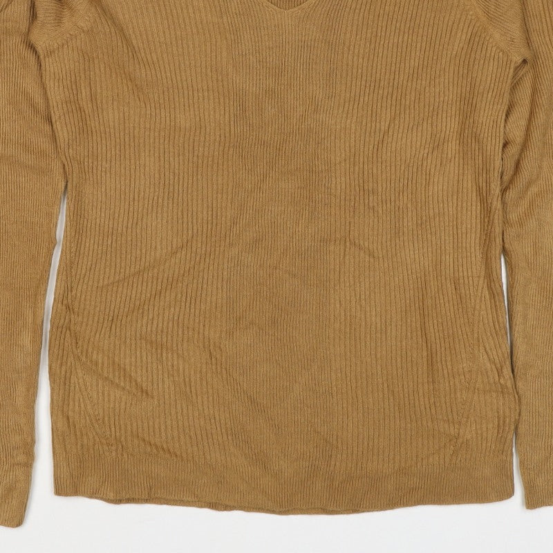 Marks and Spencer Women Brown Size 12 Cashmere Ribbed V-Neck Jumper