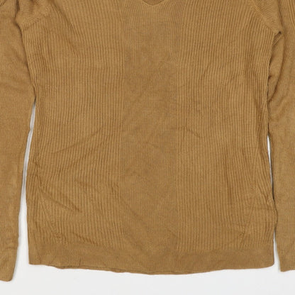 Marks and Spencer Women Brown Size 12 Cashmere Ribbed V-Neck Jumper