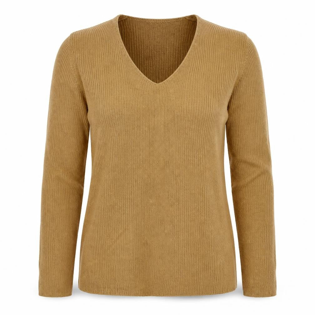 Marks and Spencer Women Brown Size 12 Cashmere Ribbed V-Neck Jumper