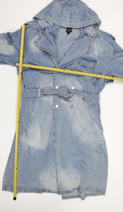 boohooMAN Men’s Blue Denim Hooded Belted Long Trench Coat Size L