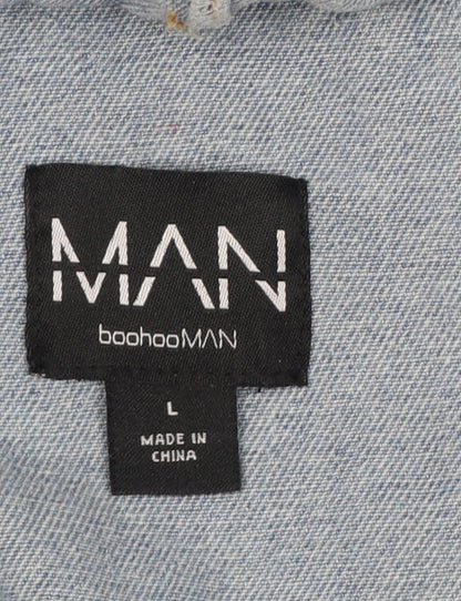 boohooMAN Men’s Blue Denim Hooded Belted Long Trench Coat Size L