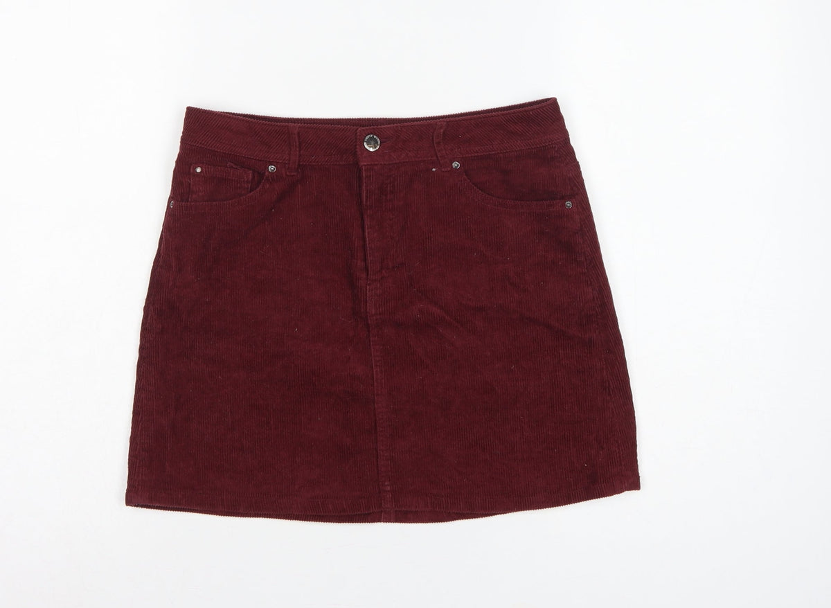 H&M Women’s Burgundy Red UK 10 Corduroy Straight Mini Skirt Pockets
