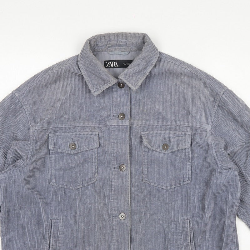 Zara Women Grey S Corduroy Button Shacket Collared Pockets Jacket