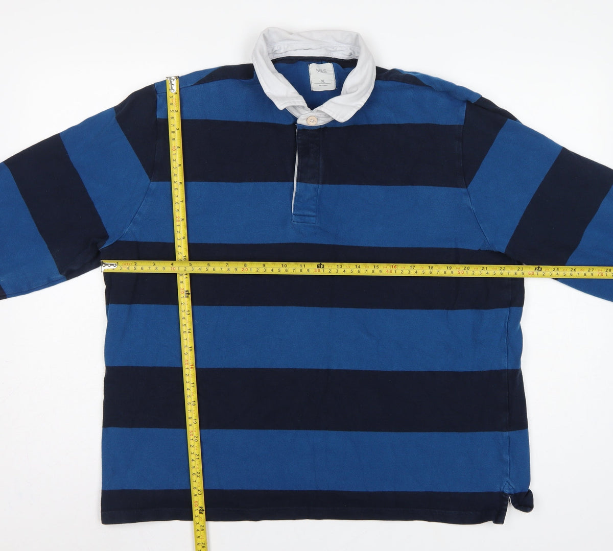 Close-up detail of Marks & Spencer Men's Blue XL Striped Long Sleeve Rugby Polo Shirt