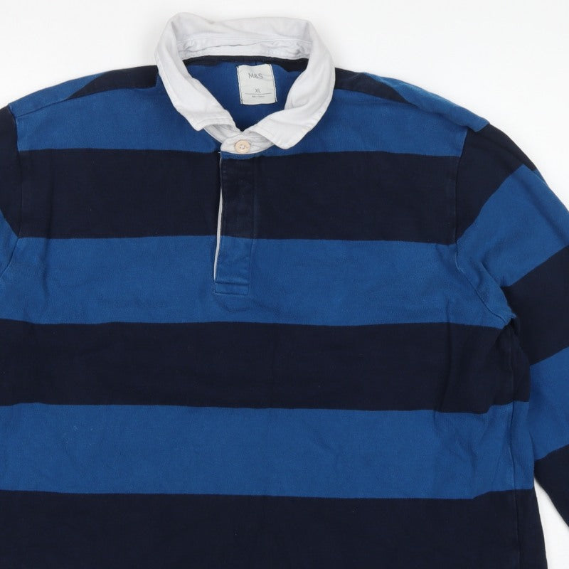 Additional view of Marks & Spencer Men's Blue XL Striped Long Sleeve Rugby Polo Shirt