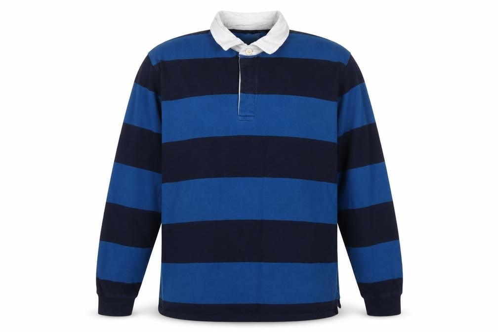 Front view of Marks & Spencer Men's Blue XL Striped Long Sleeve Rugby Polo Shirt