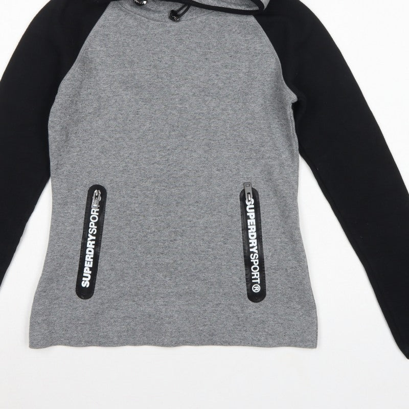 Superdry Women’s Grey Black XS Pullover Hoodie Logo Zip Pockets