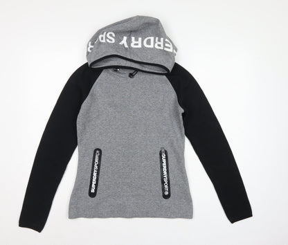 Superdry Women’s Grey Black XS Pullover Hoodie Logo Zip Pockets