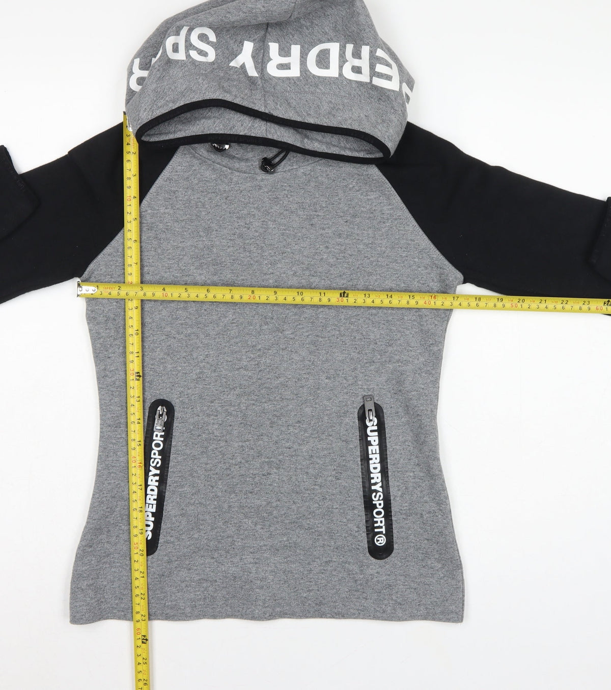 Superdry Women’s Grey Black XS Pullover Hoodie Logo Zip Pockets