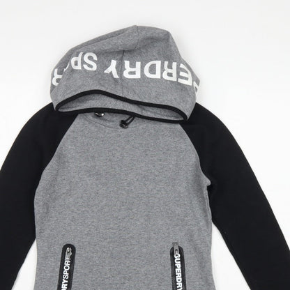 Superdry Women’s Grey Black XS Pullover Hoodie Logo Zip Pockets
