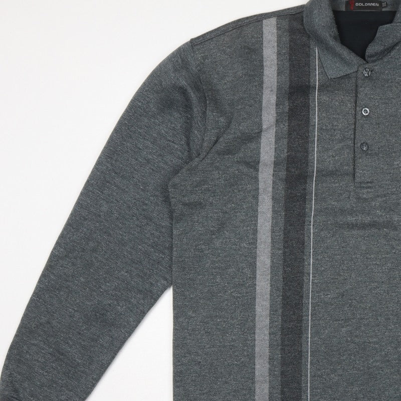 Goldmen Men Grey 2XL Henley Collared Striped Cotton Blend Sweatshirt