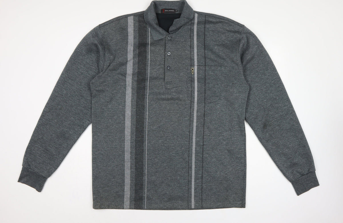 Goldmen Men Grey 2XL Henley Collared Striped Cotton Blend Sweatshirt