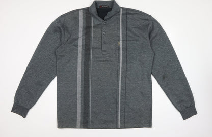 Goldmen Men Grey 2XL Henley Collared Striped Cotton Blend Sweatshirt