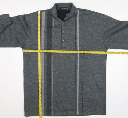 Goldmen Men Grey 2XL Henley Collared Striped Cotton Blend Sweatshirt