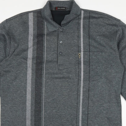 Goldmen Men Grey 2XL Henley Collared Striped Cotton Blend Sweatshirt