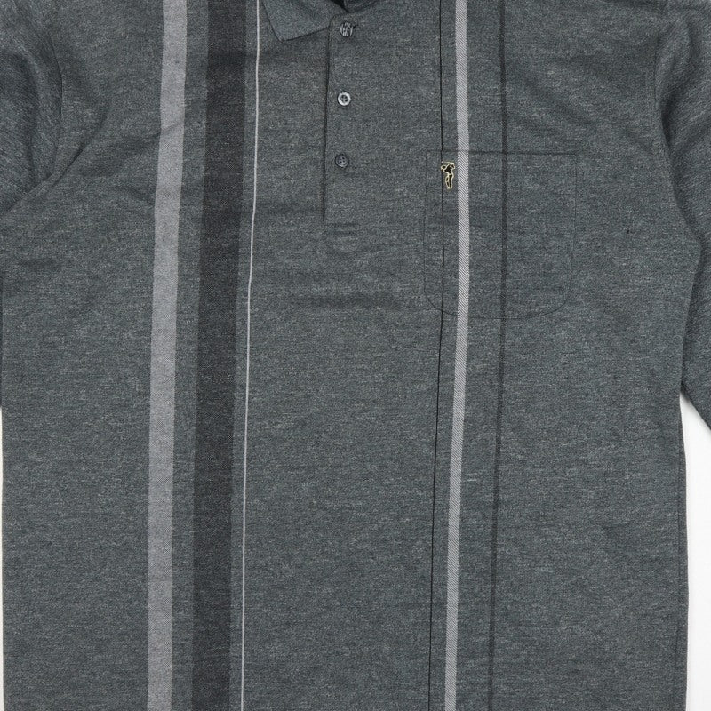 Goldmen Men Grey 2XL Henley Collared Striped Cotton Blend Sweatshirt