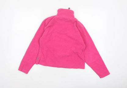 Brand and care label for Trespass girls’ pink 9-10 years fleece 1/4 zip pullover sweatshirt