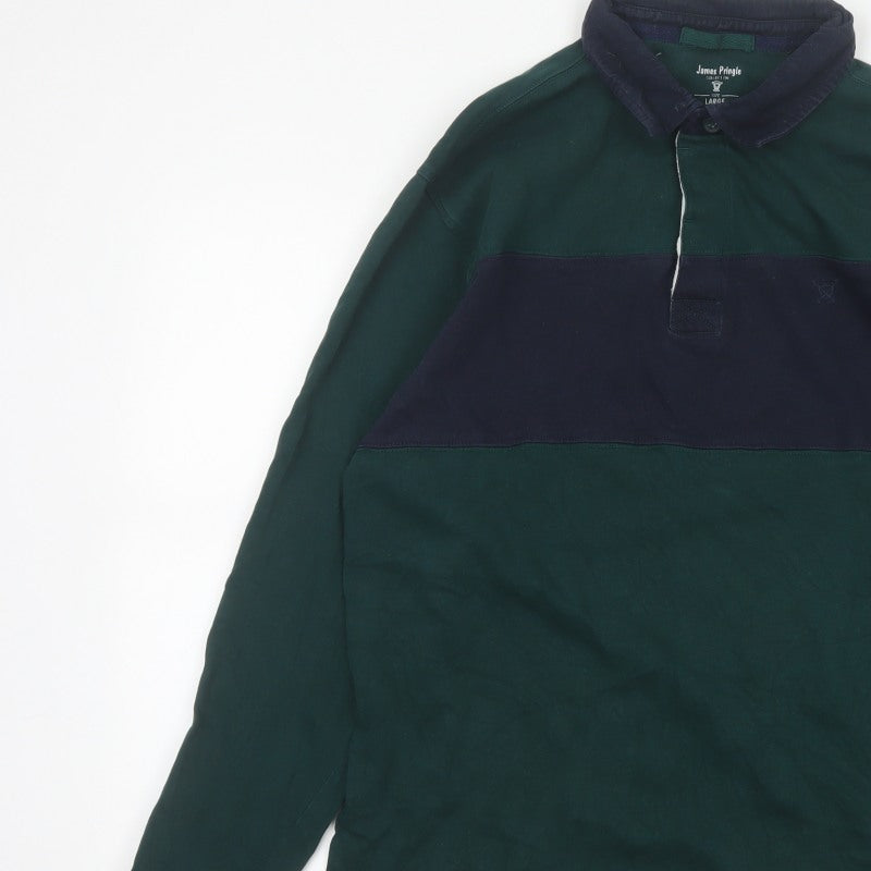 James Pringle Men’s Green Navy Colourblock Long Sleeve Polo L