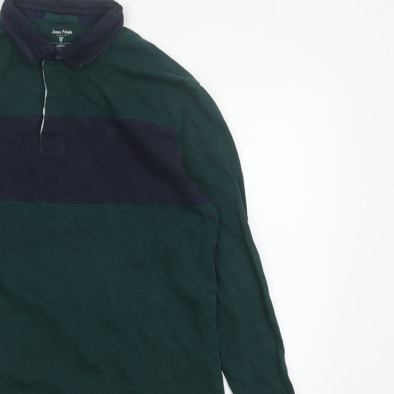 James Pringle Men’s Green Navy Colourblock Long Sleeve Polo L