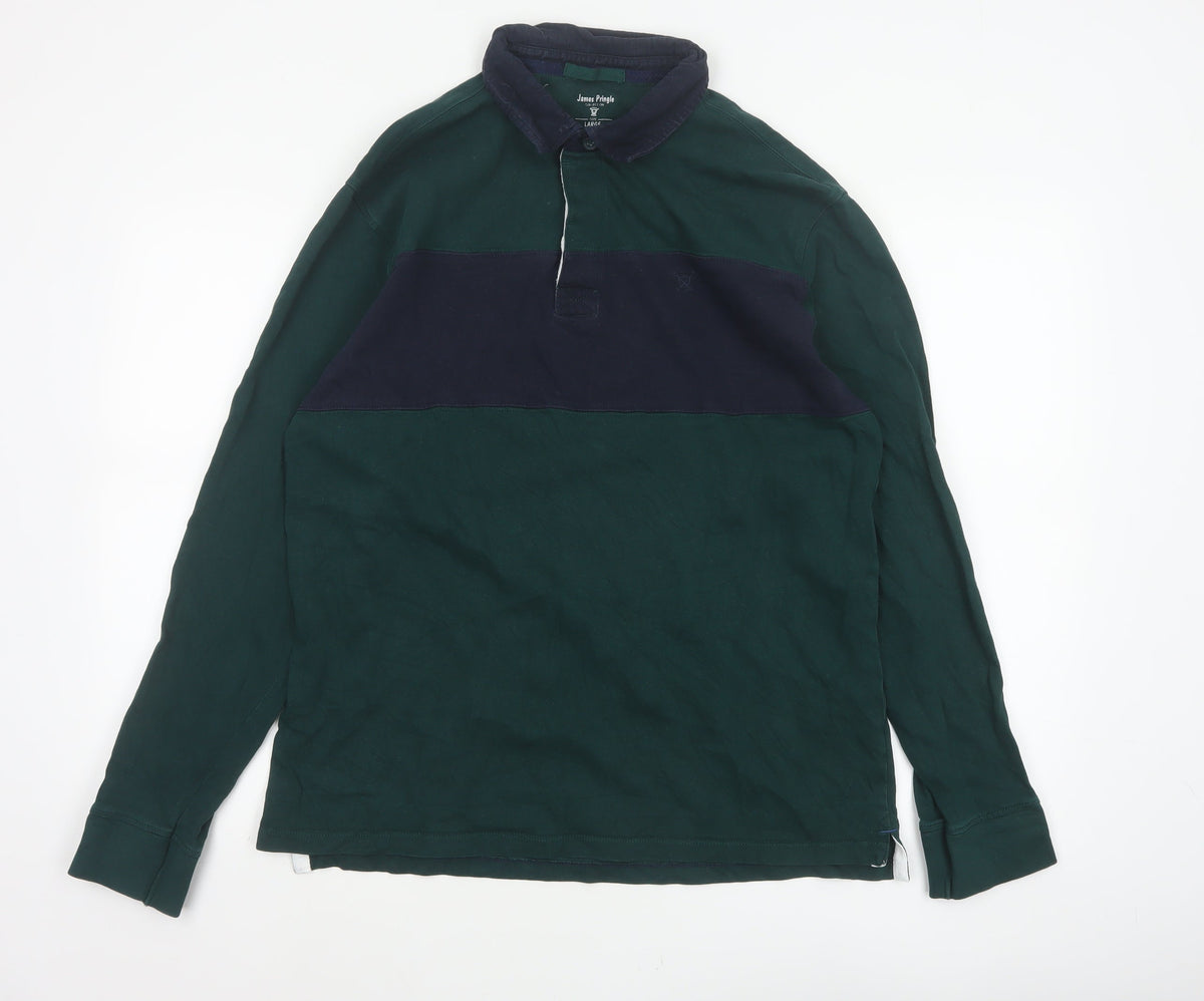 James Pringle Men’s Green Navy Colourblock Long Sleeve Polo L
