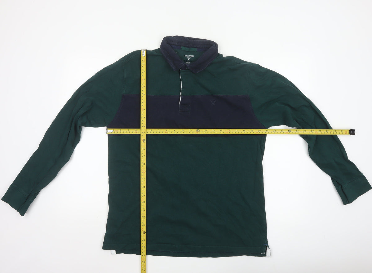 James Pringle Men’s Green Navy Colourblock Long Sleeve Polo L