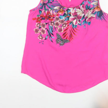 Oasis Women Pink UK 10 Floral Sleeveless Keyhole Tank Top