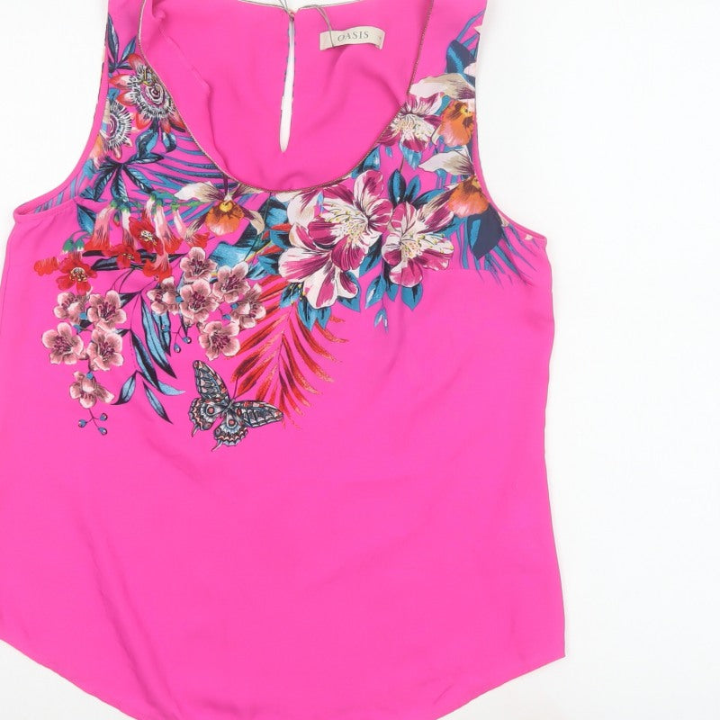 Oasis Women Pink UK 10 Floral Sleeveless Keyhole Tank Top