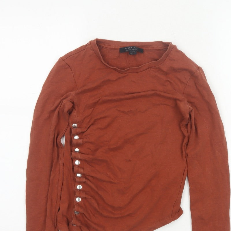 AllSaints Women Brown UK 6 Wrap Long Sleeve Jersey Top Snap Button