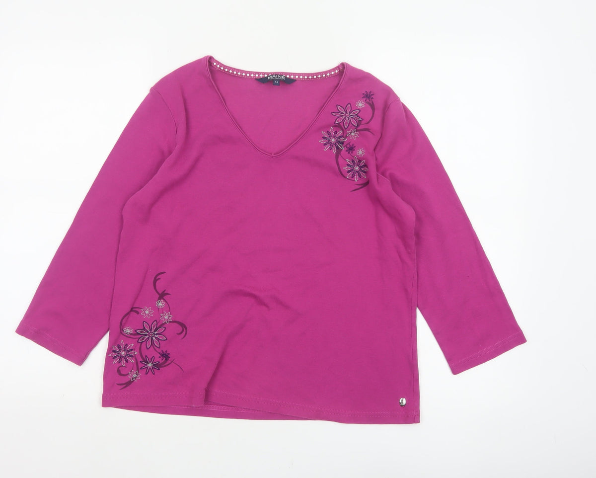 Maine New England Women’s Pink Size 14 Floral V-Neck 3/4 Sleeve Top