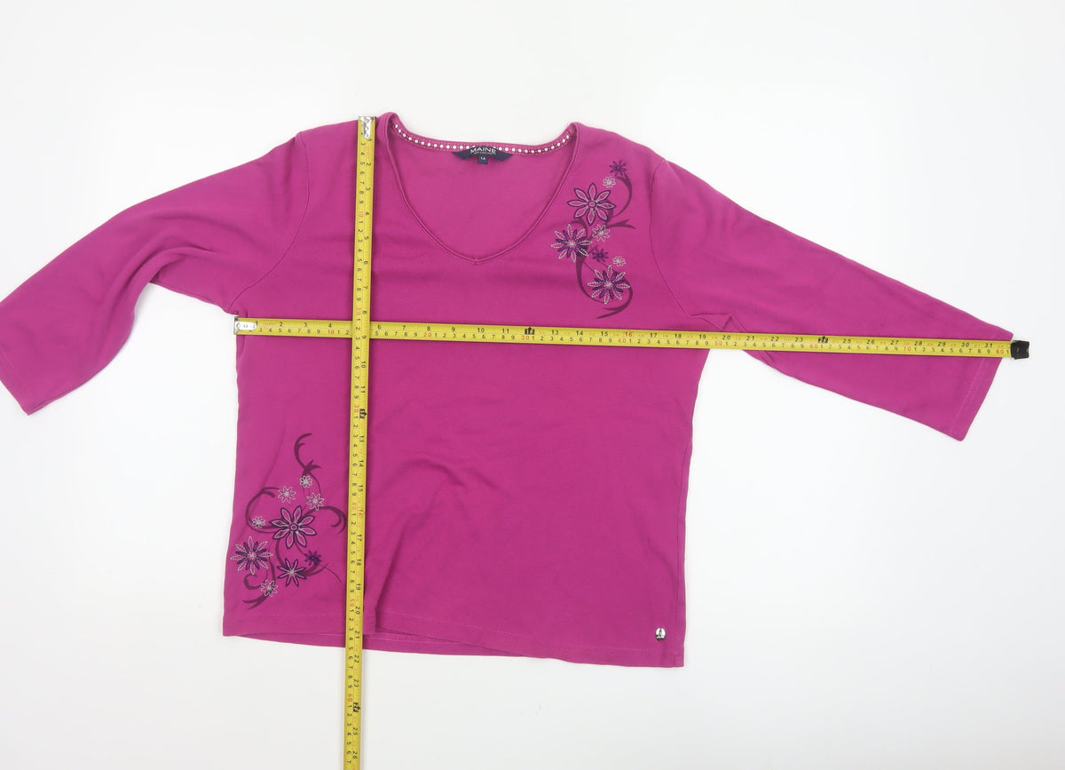 Maine New England Women’s Pink Size 14 Floral V-Neck 3/4 Sleeve Top